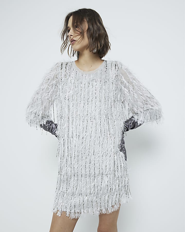 Silver Premium Beaded Fringe Shift Dress