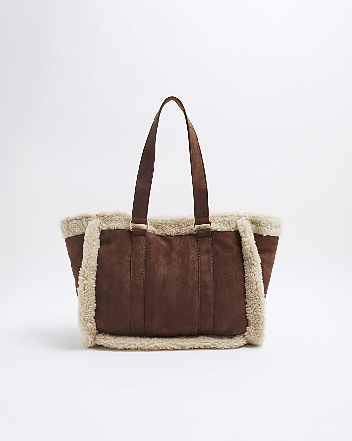 Brown Faux Fur Trim Charm Shopper Bag