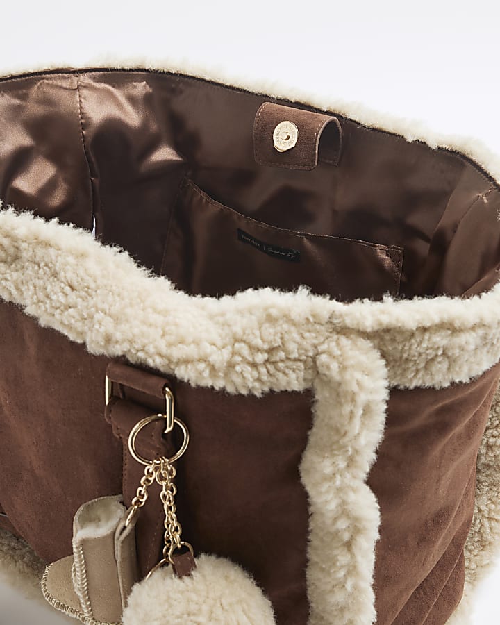 Brown Faux Fur Trim Charm Shopper Bag