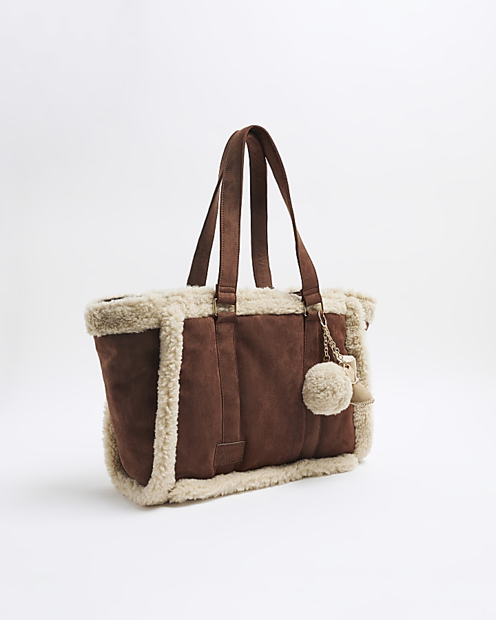 Brown Faux Fur Trim Charm Shopper Bag