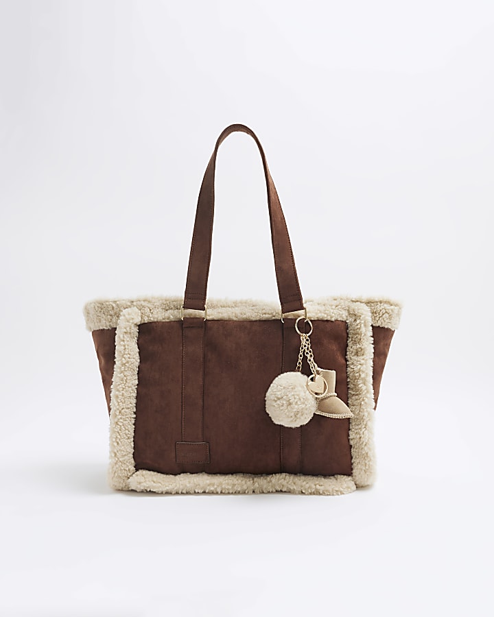 Brown Faux Fur Trim Charm Shopper Bag