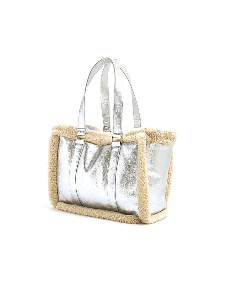 Silver Faux Fur Trim Shopper Bag