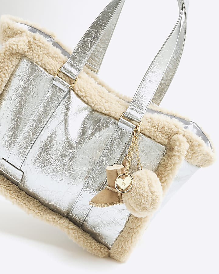 Silver Faux Fur Trim Shopper Bag