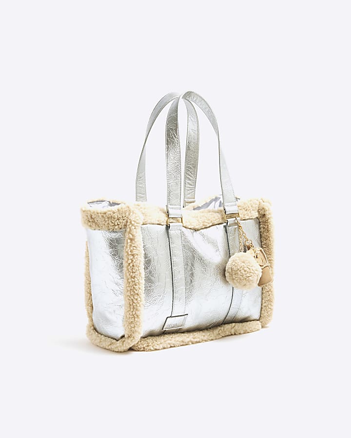 Silver Faux Fur Trim Shopper Bag