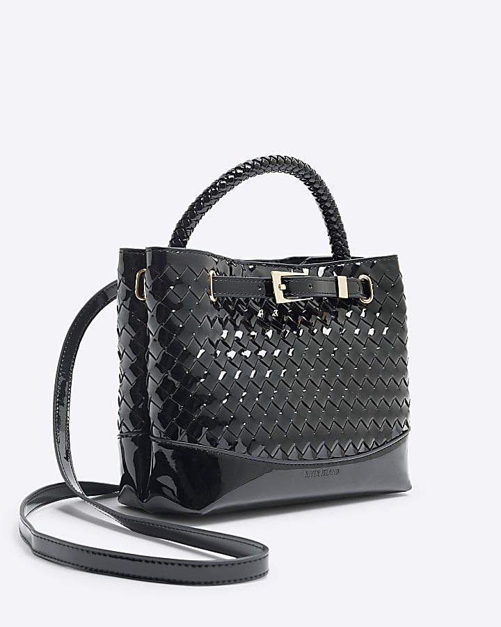 Black Patent Weave Tote Bag