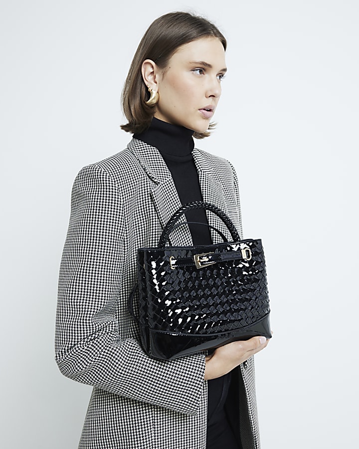 Black Patent Weave Tote Bag