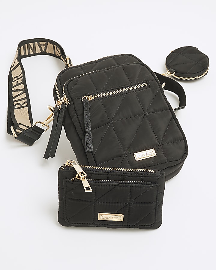 Black Quilted Messenger Bag & Cardholder Set