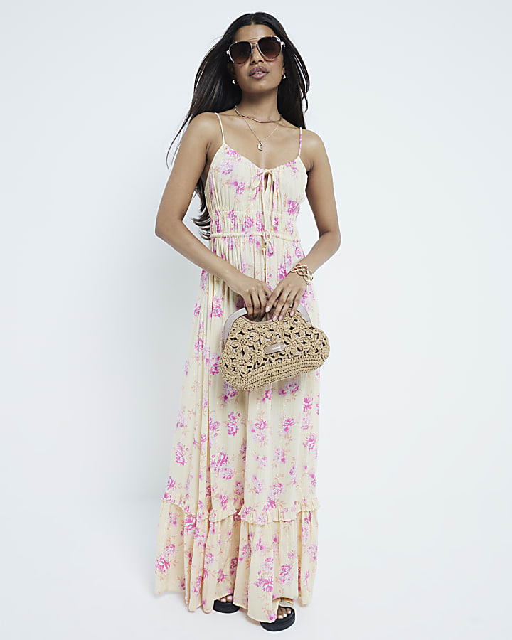 Petite Yellow Ditsy Print Tiered Maxi Dress