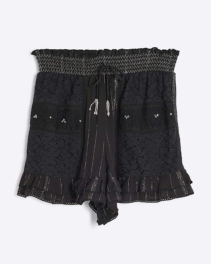 Black Lace Embroidered Beach Shorts