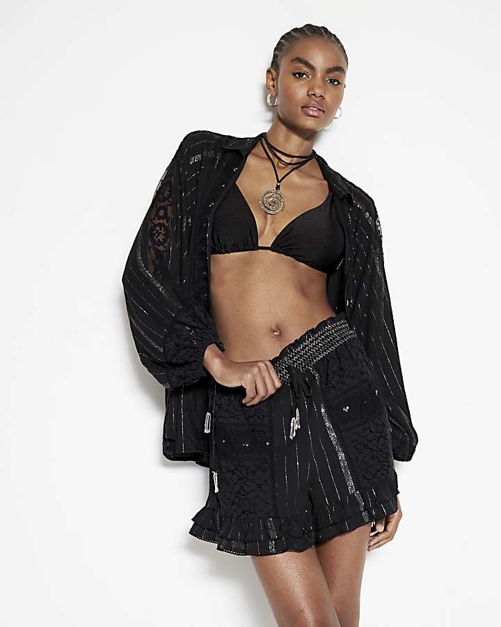 Black Lace Embroidered Beach Shirt