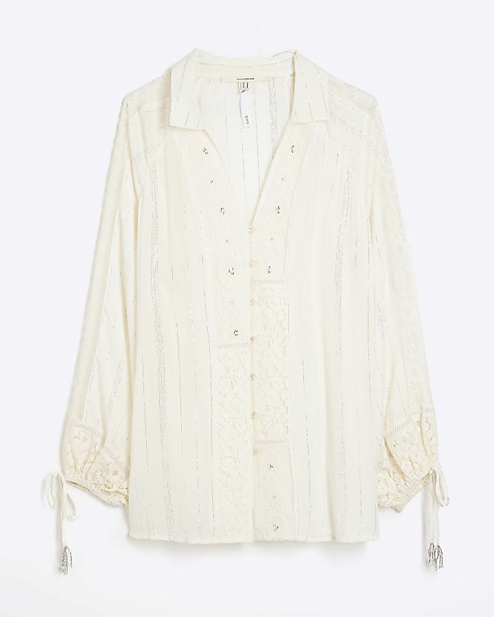 Cream Lace Embellished Beach Shirt