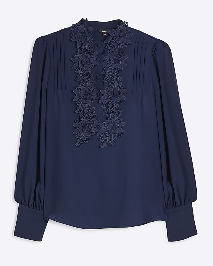 Navy Floral Applique Blouse