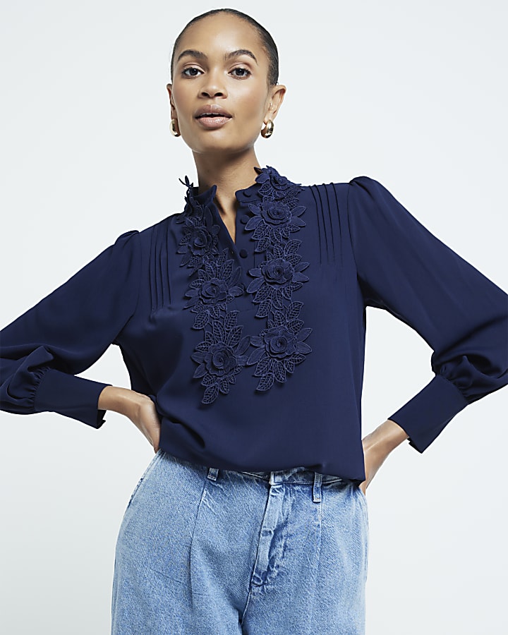 Navy Floral Applique Blouse