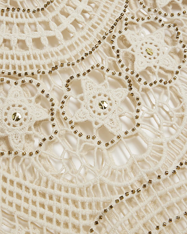 Petite Cream Embellished Crochet Mini Dress