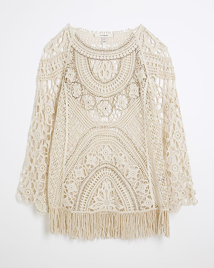 Petite Cream Embellished Crochet Mini Dress