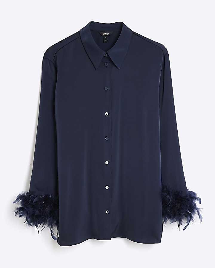 Navy Feather Cuff Shirt