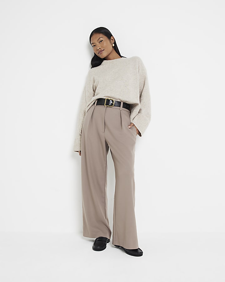 Petite Beige Belted Wide Leg Trousers