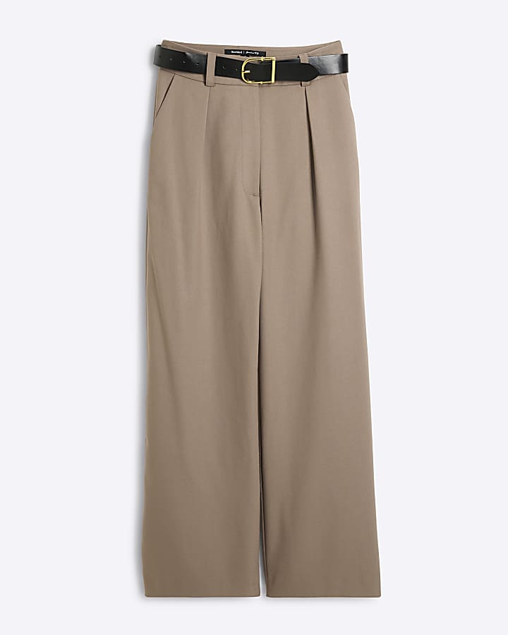 Petite Beige Belted Wide Leg Trousers