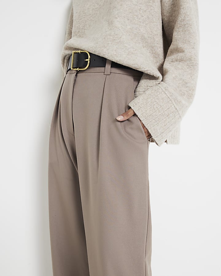 Petite Beige Belted Wide Leg Trousers