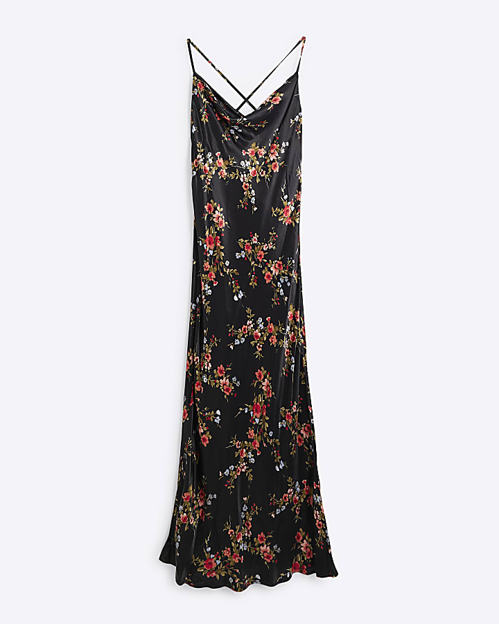 Black Floral Cowl Neck Slip Maxi Dress