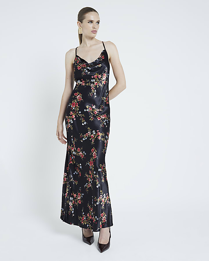 Black Floral Cowl Neck Slip Maxi Dress