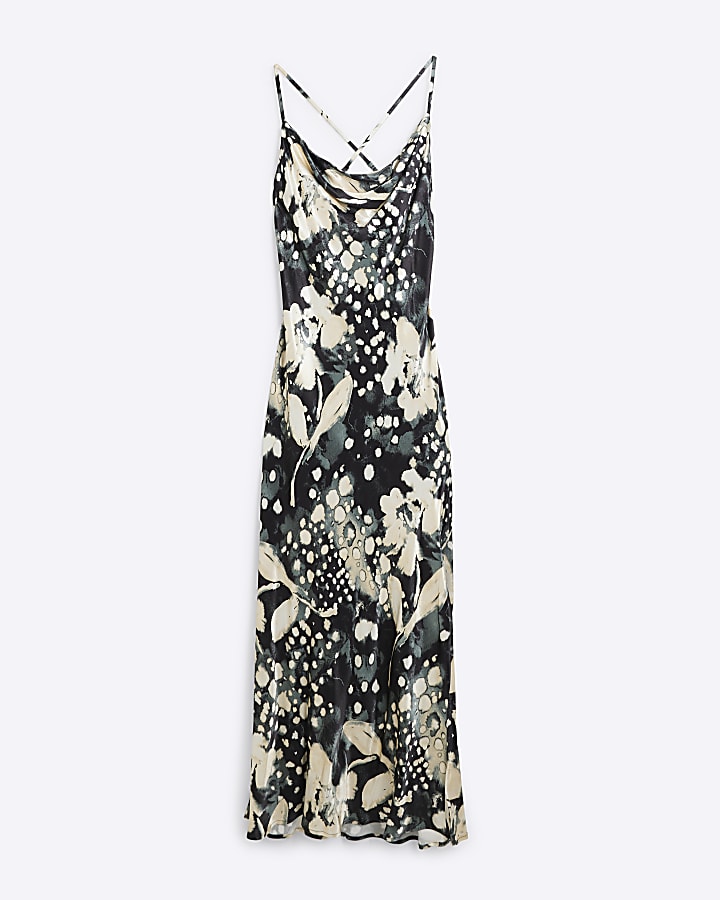 Grey Abstract print satin slip Maxi dress