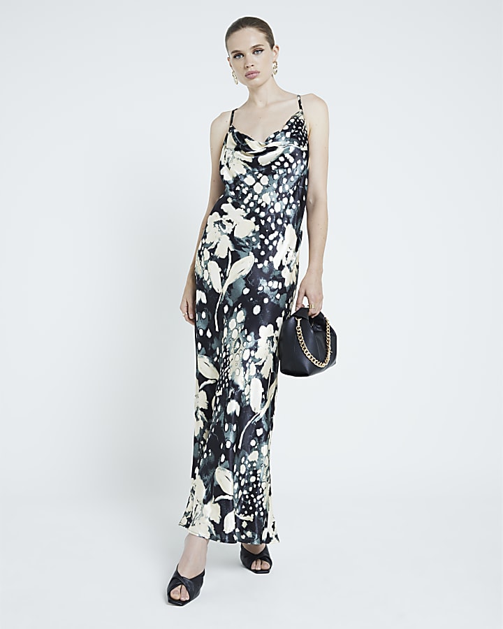 Grey Abstract print satin slip Maxi dress