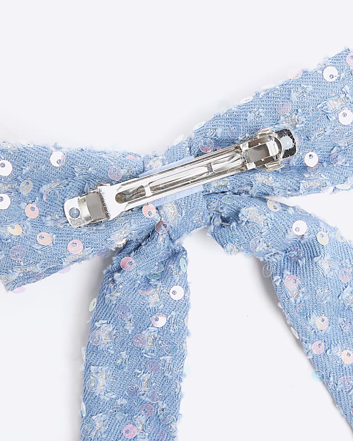 Blue Denim Sequin Bow Hair Clip