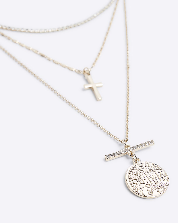 Gold Coin Cross Layered Necklace