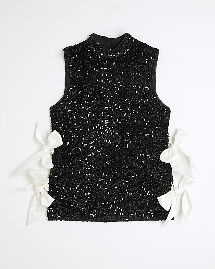Black Sequin Sleeveless Tie Side Top