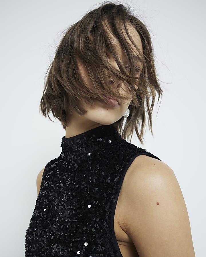 Black Sequin Sleeveless Tie Side Top