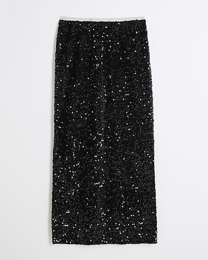 Black Sequin Pull On Midi Skirt