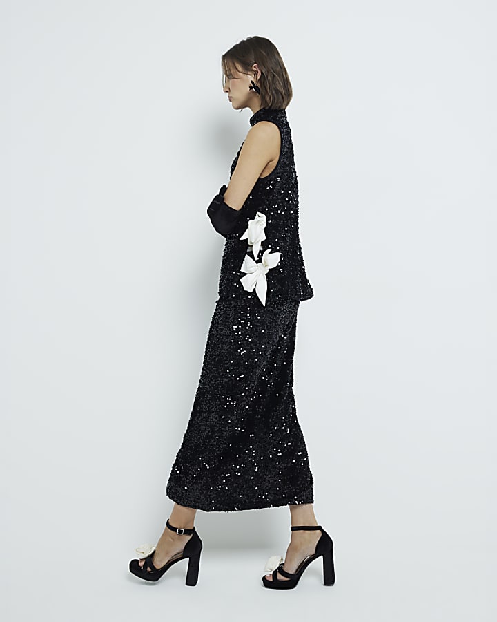 Black Sequin Pull On Midi Skirt