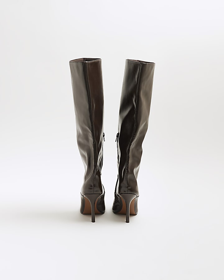 Brown Square Toe High Leg Boots