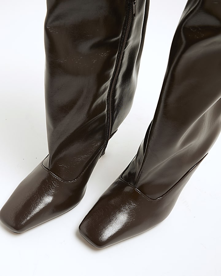 Brown Square Toe High Leg Boots