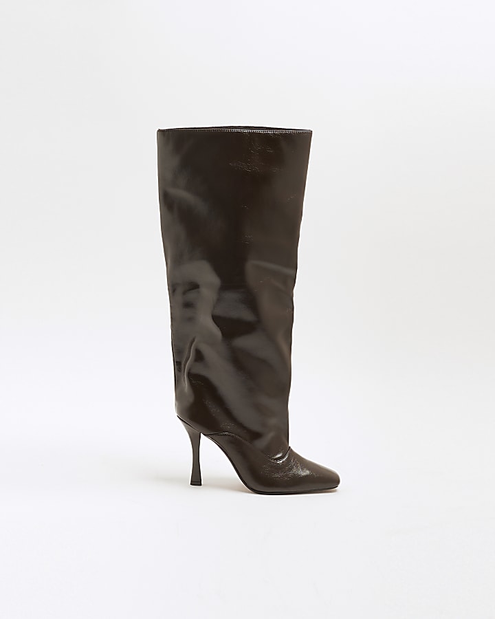 Brown Square Toe High Leg Boots