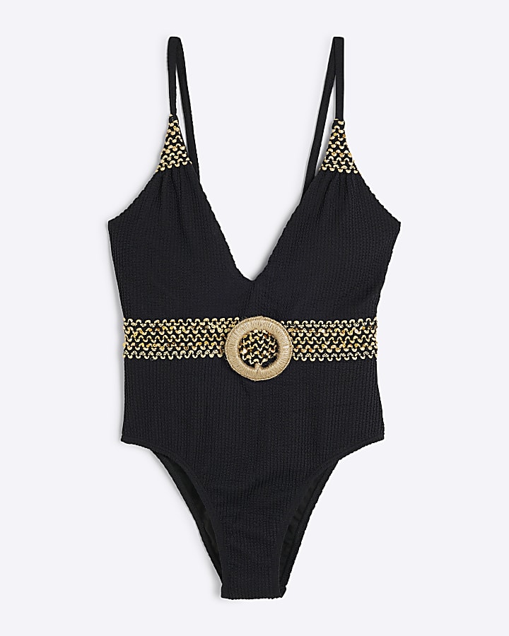 Petite Black Textured Plunged Neck Swimsuit