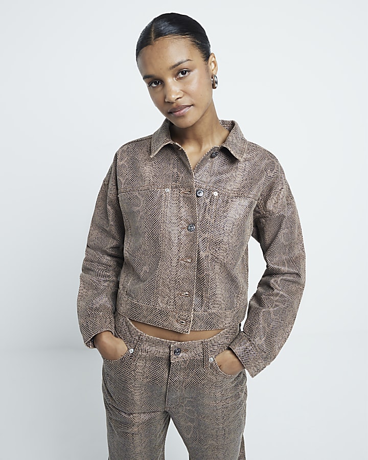 Brown Snake Print Cropped Jacket
