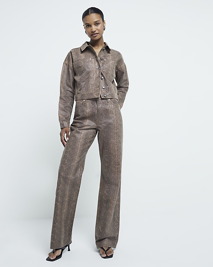 Brown Snake Print Cropped Jacket