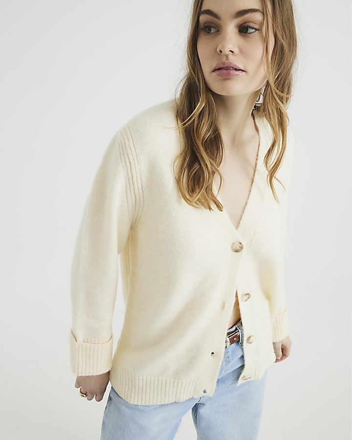 Cream V Neck Button Up Knitted Cardigan