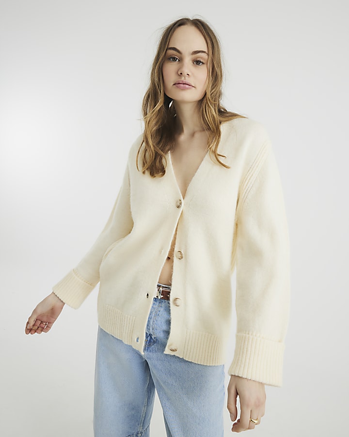 Cream V Neck Button Up Knitted Cardigan