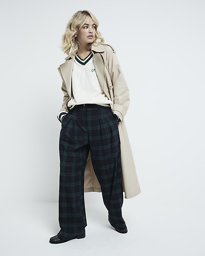 Navy Check Wide Leg Trousers