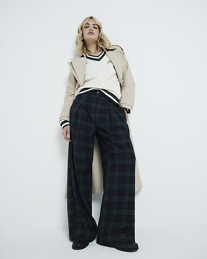 Navy Check Wide Leg Trousers River Island