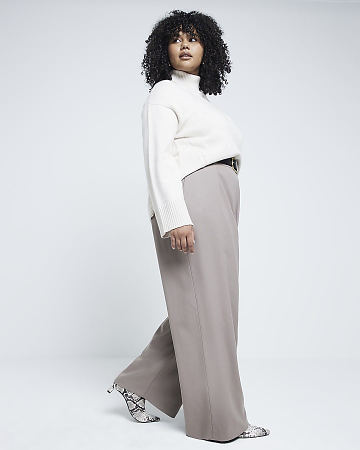 Plus Beige Belted Wide Leg Trousers
