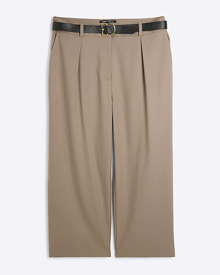 Plus Beige Belted Wide Leg Trousers