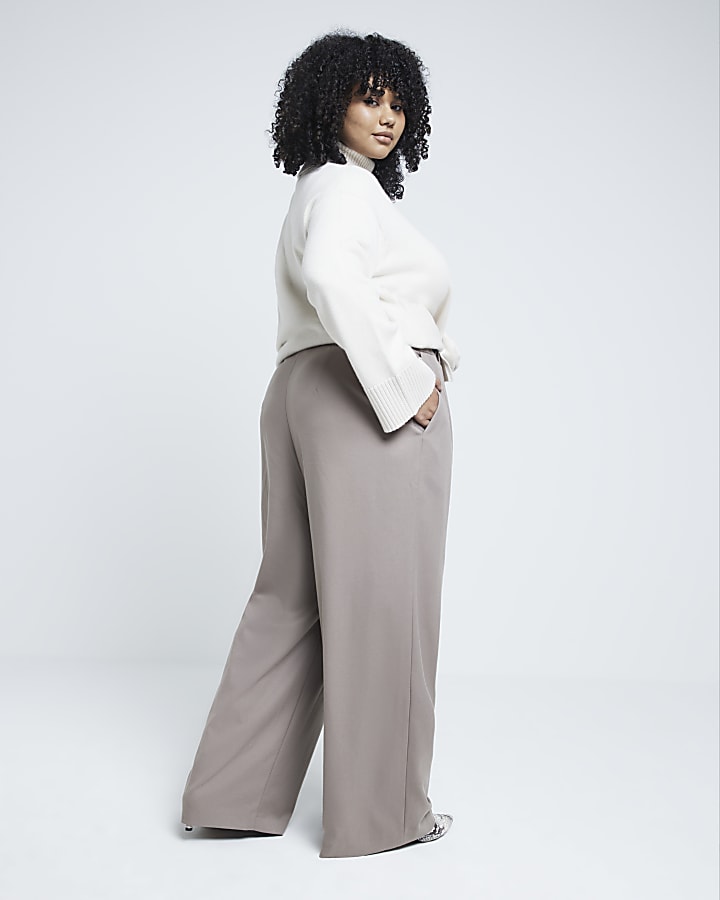 Plus Beige Belted Wide Leg Trousers