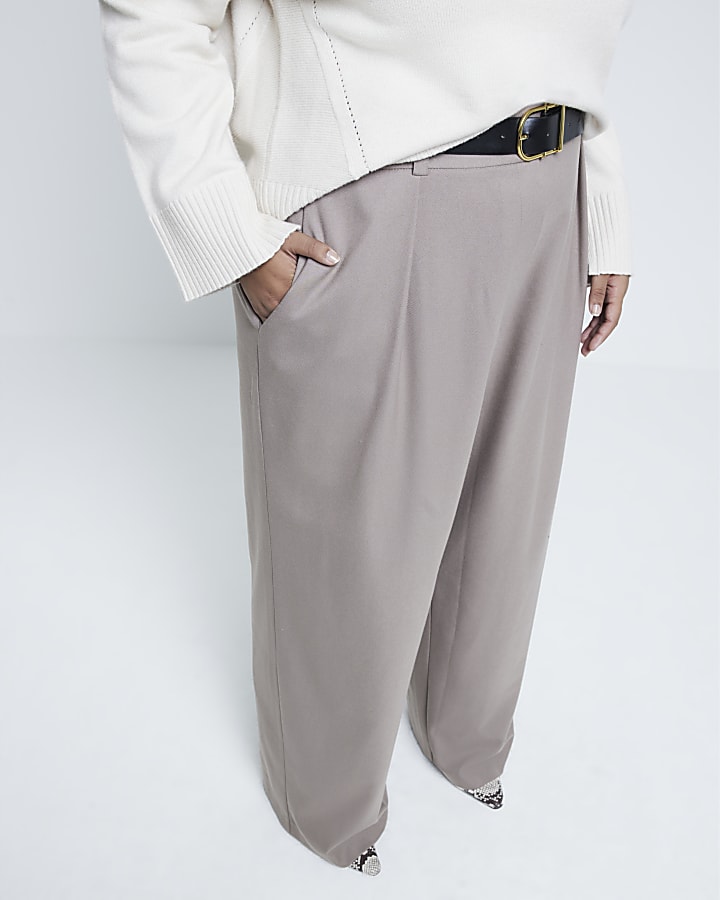 Plus Beige Belted Wide Leg Trousers
