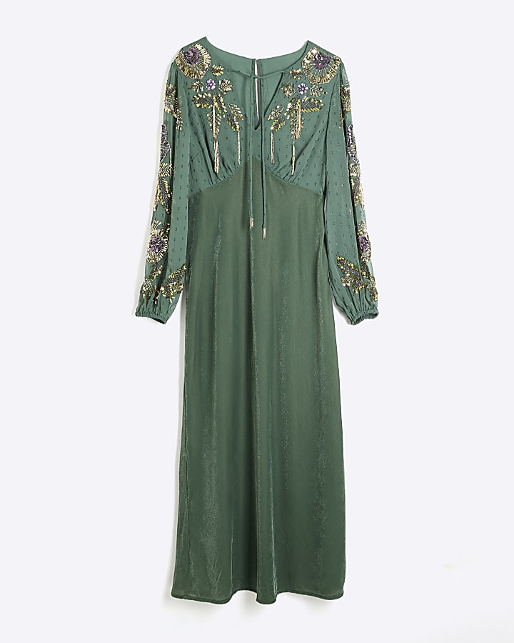 Green Premium Velvet Embellished Midi Dress