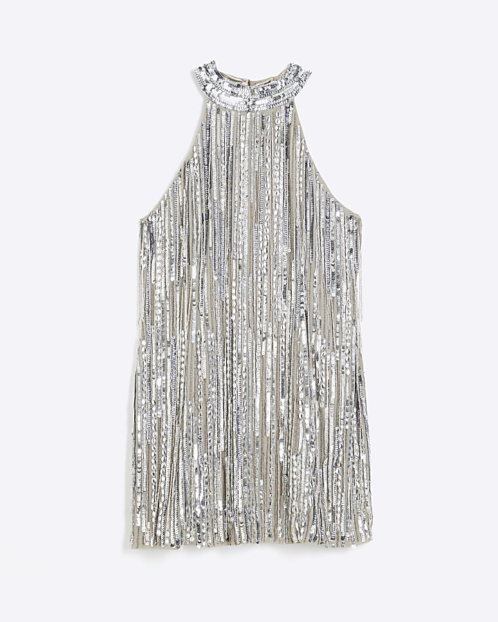 Silver Sequin Halter Neck Tassel Mini Dress