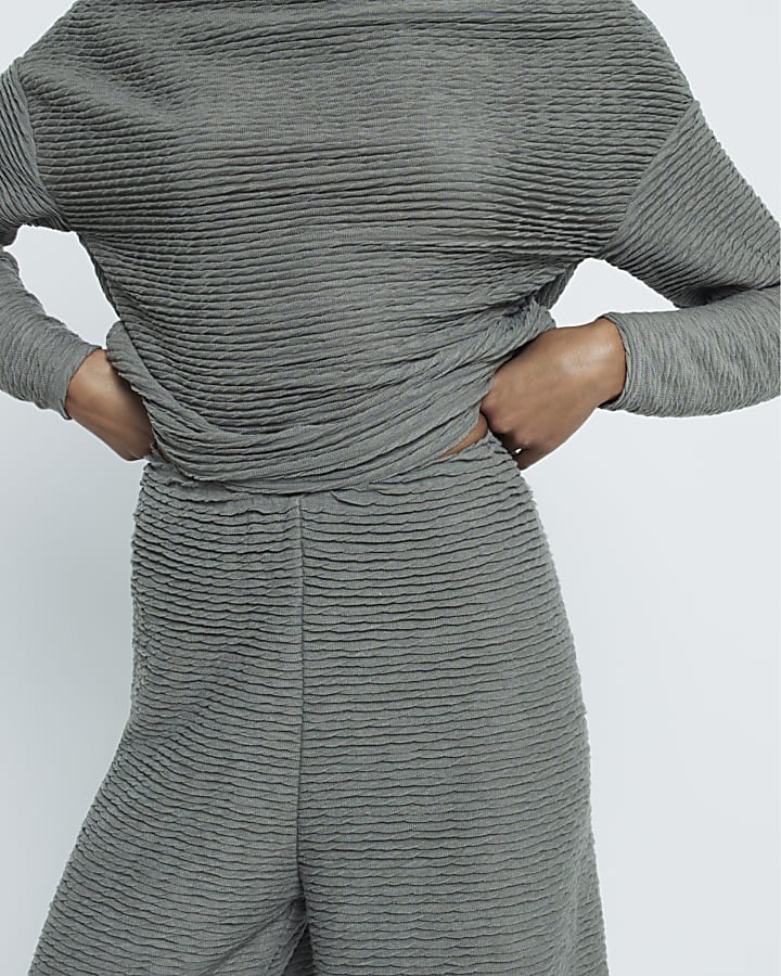 Khaki Textured Wide Leg Trousers